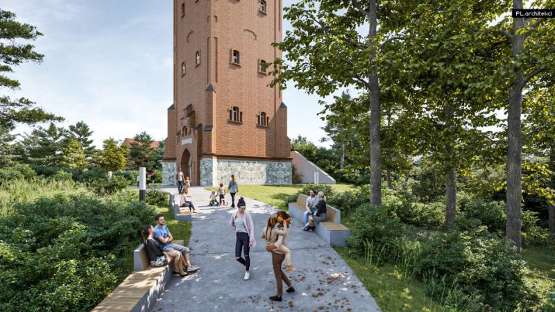 Wieża po rewitalizacji. Ścieżka prowadząca do budynku.